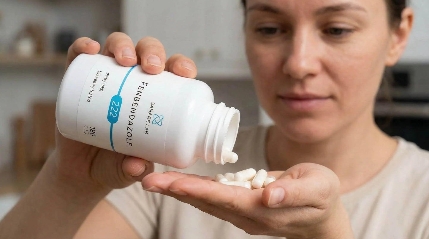 Person pouring pills from a supplement bottle fenbendazole into their hand