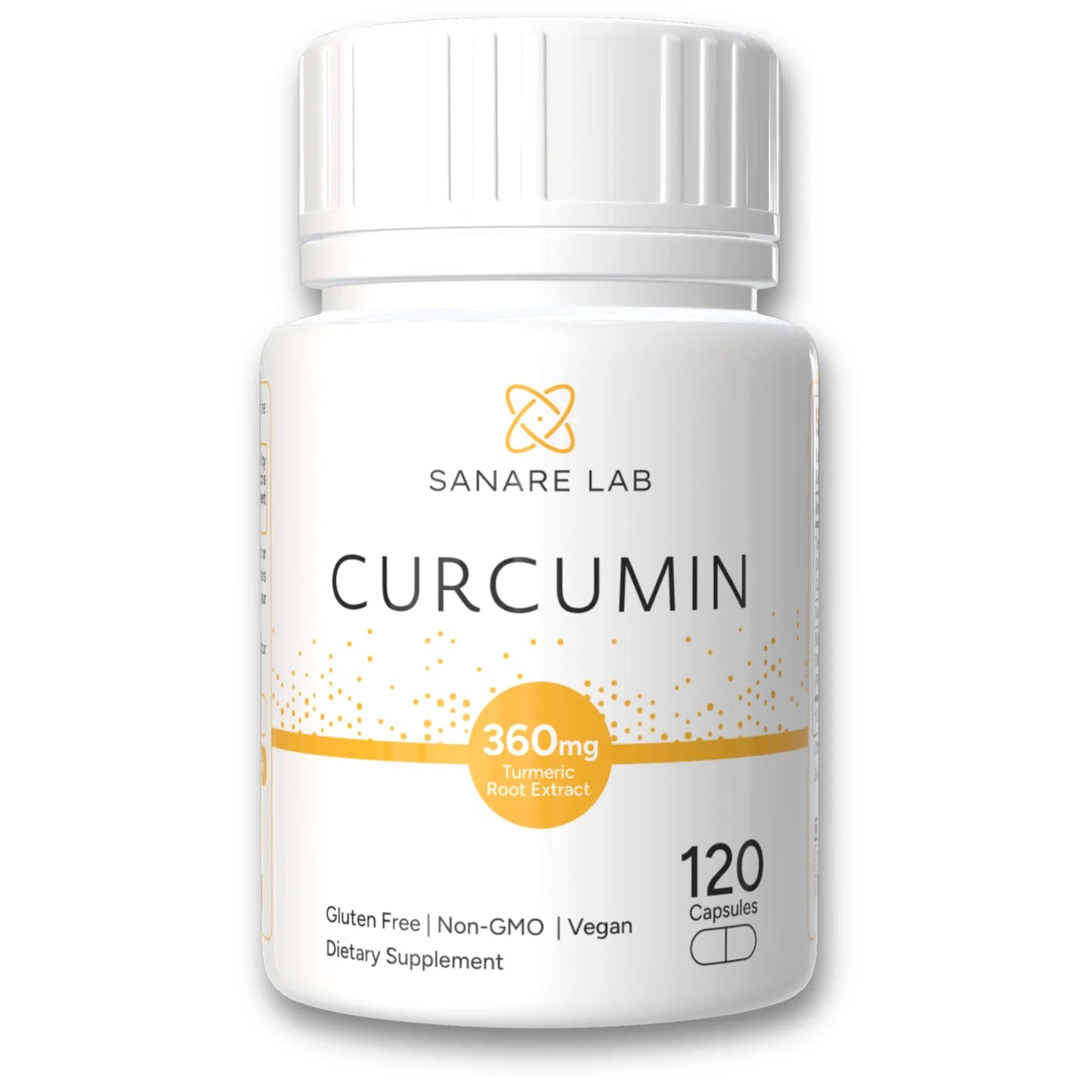 Sanare Lab Curcumin 360mg turmeric root extract dietary supplement bottle, 120 vegan capsules