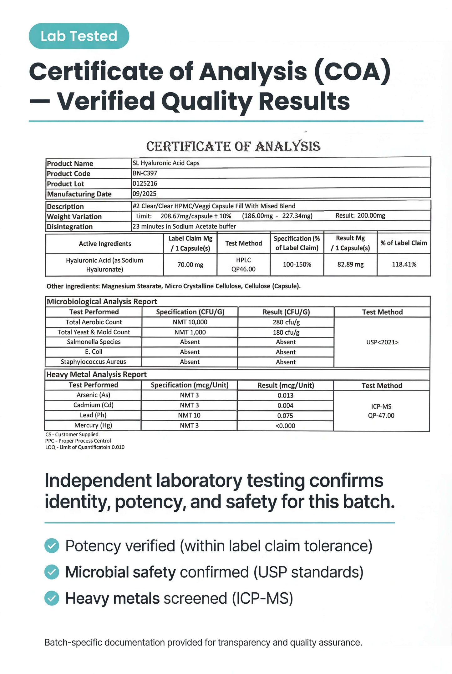 Hyaluronic Acid 70mg – 60 Vegan Capsules | Supports Joint Mobility, Skin Hydration & Tissue Cushioning | Non-GMO, Gluten-Free