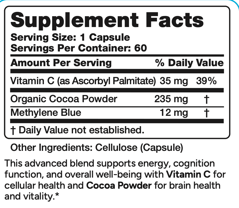Supplement facts BLUE ESSENCE label with vitamins and ingredients listed