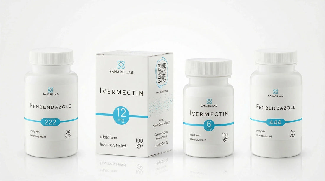 Fenbendazole and Ivermectin supplement bottles and packaging displayed on a clean white background.