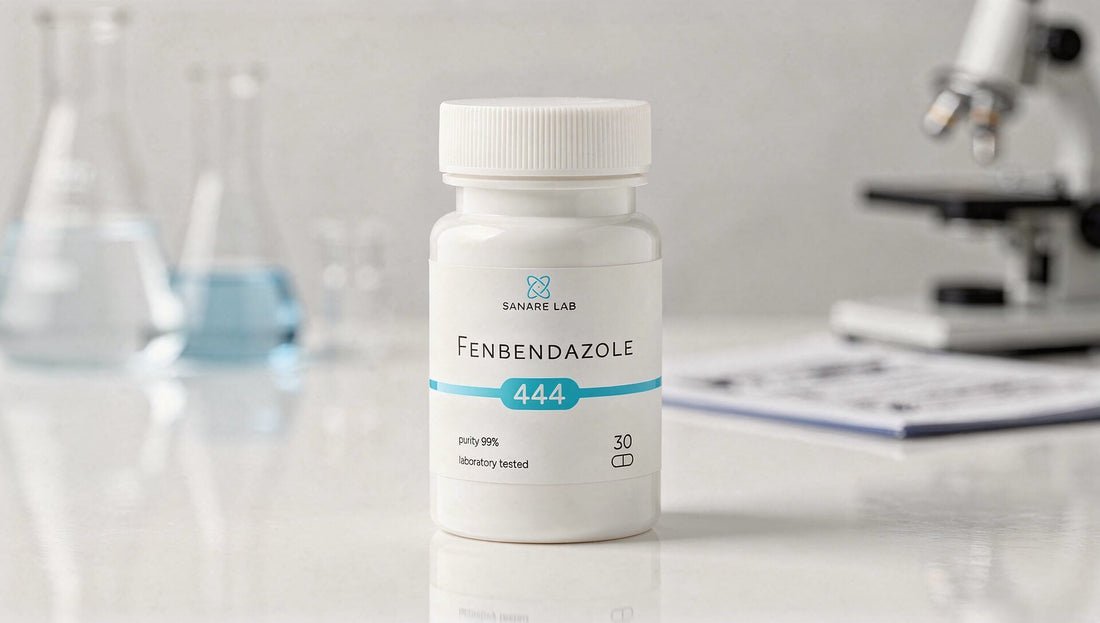 Sanare Lab Fenbendazole 444 bottle on a lab countertop with microscope and glassware in the background
