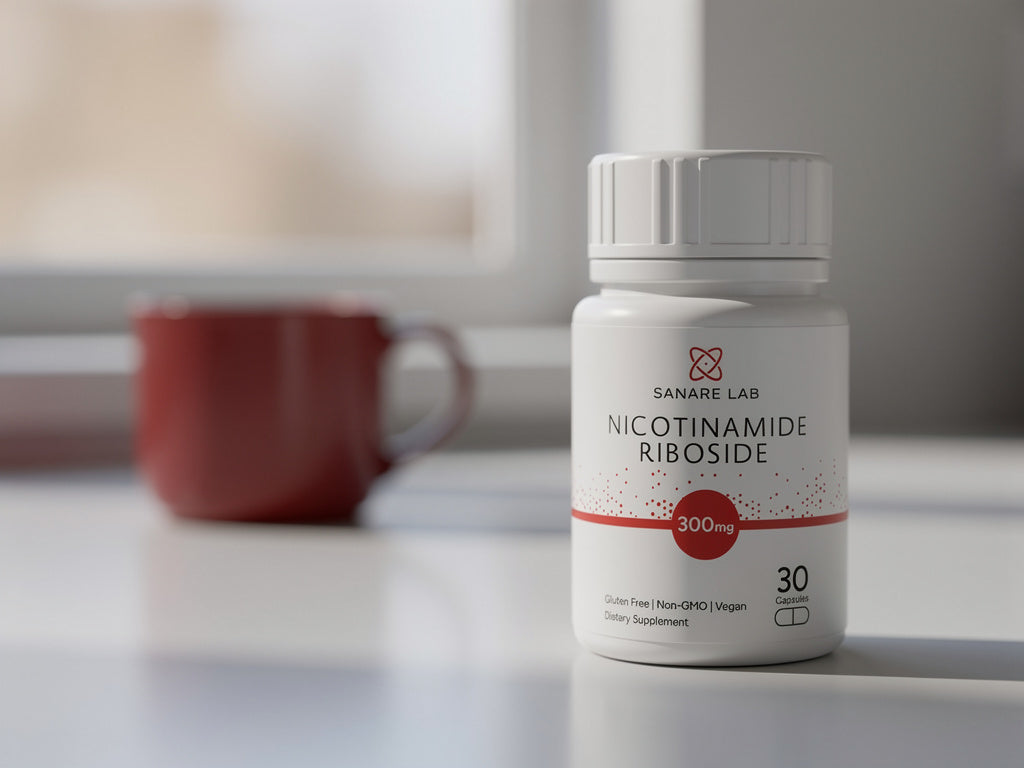 Nicotinamide Riboside 300mg supplement bottle on bright table near red coffee mug