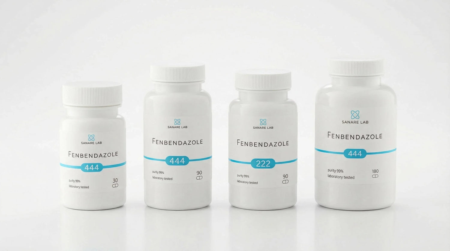 Four white Fenbendazole bottles with blue labels showing 444mg and 222mg capsules