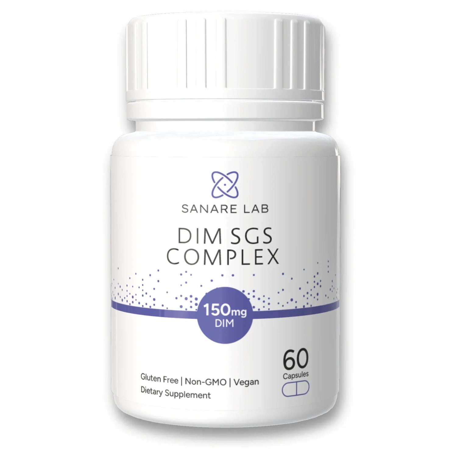 DIM SGS Complex 150mg DIM dietary supplement bottle, 60 vegan capsules, gluten free, non-GMO.