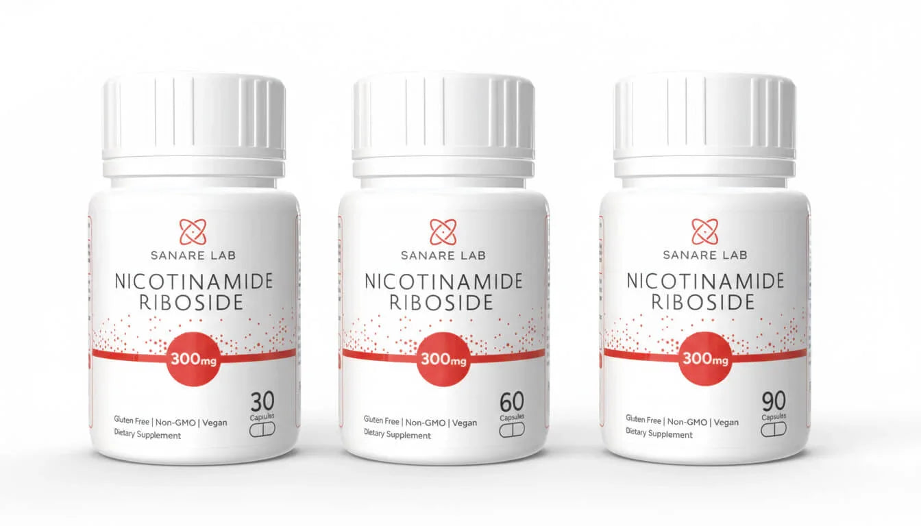Three bottles of Nicotinamide Riboside 300mg capsules, gluten free, non-GMO, vegan.