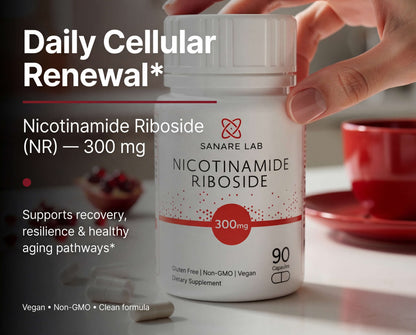 Supplement bottle labeled 'Nicotinamide Riboside' with text about daily cellular renewal on a blurred background.