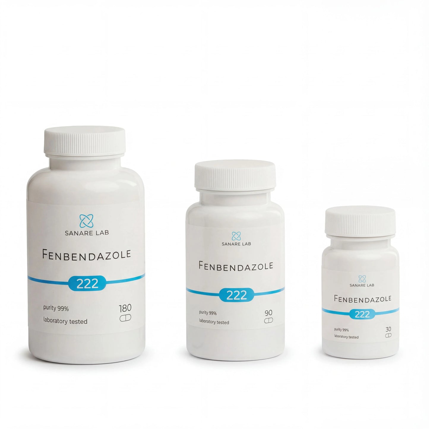 Three Fenbendazole 222 bottles by Sanare Lab on a white background