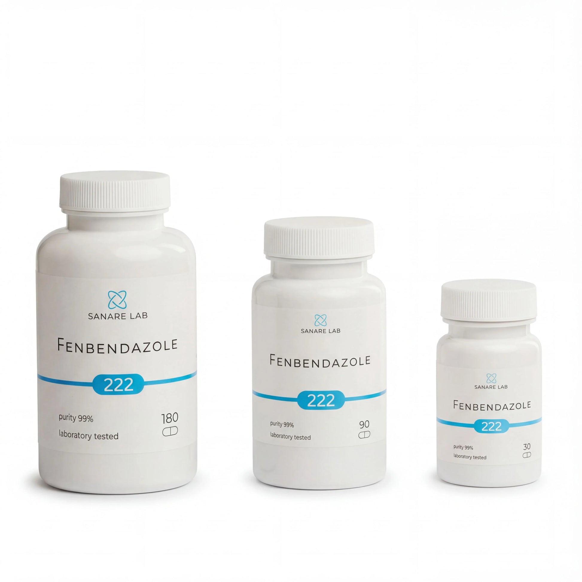 Three Fenbendazole 222 bottles by Sanare Lab on a white background