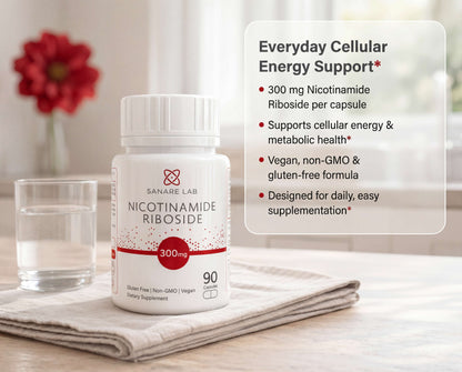 Supplement bottle labeled 'Nicotinamide Riboside' with product details on a table.