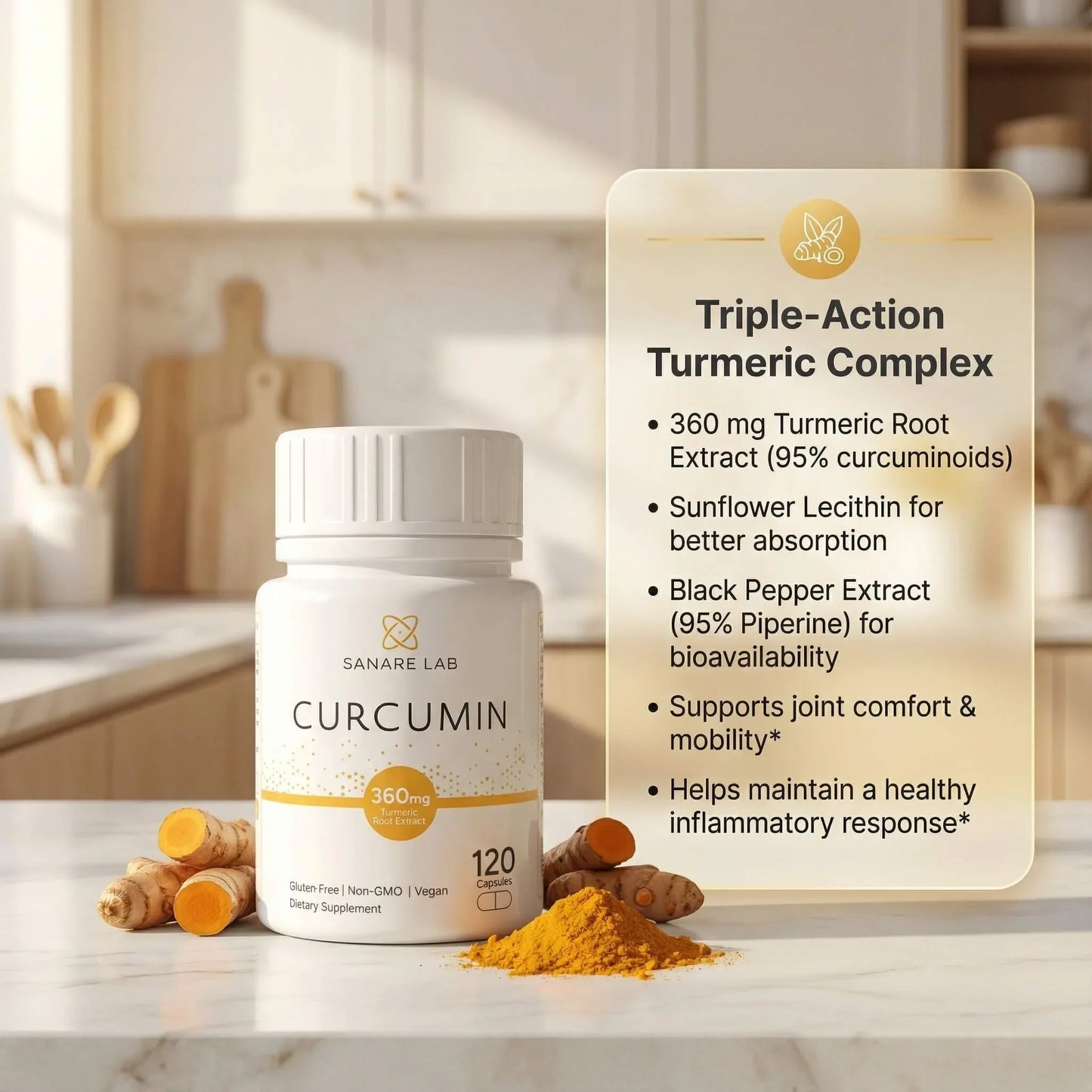 Curcumin supplement bottle with ingredients listed on a kitchen counter