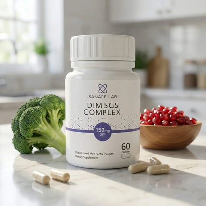 Supplement bottle labeled 'DIM SGS Complex' from Sanare Lab on a kitchen counter with broccoli and cranberries.