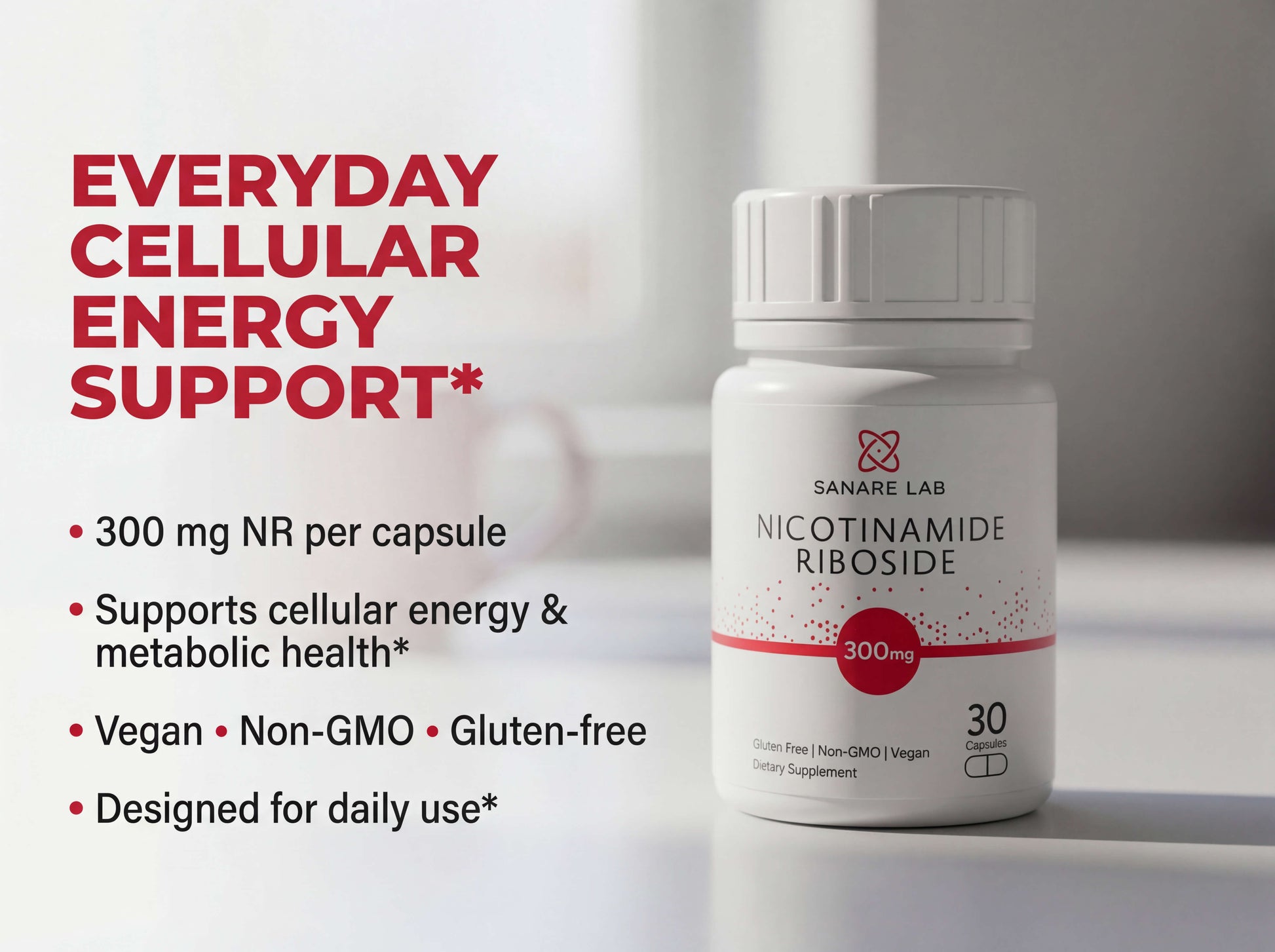 Supplement bottle labeled 'Nicotinamide Riboside' with product details on a neutral background