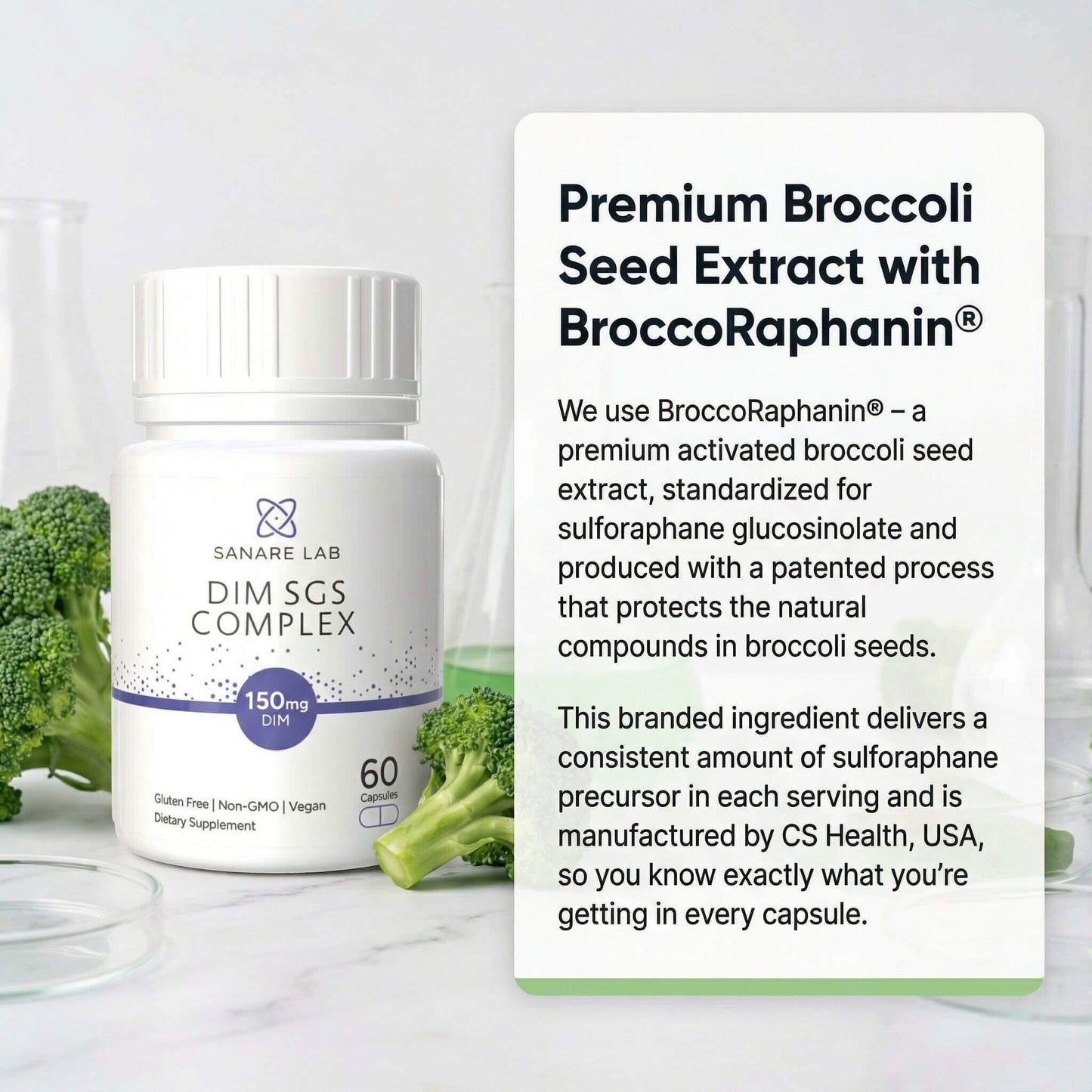 Supplement bottle labeled 'DIM SCS Complex' with text about broccoli seed extract on a white background.