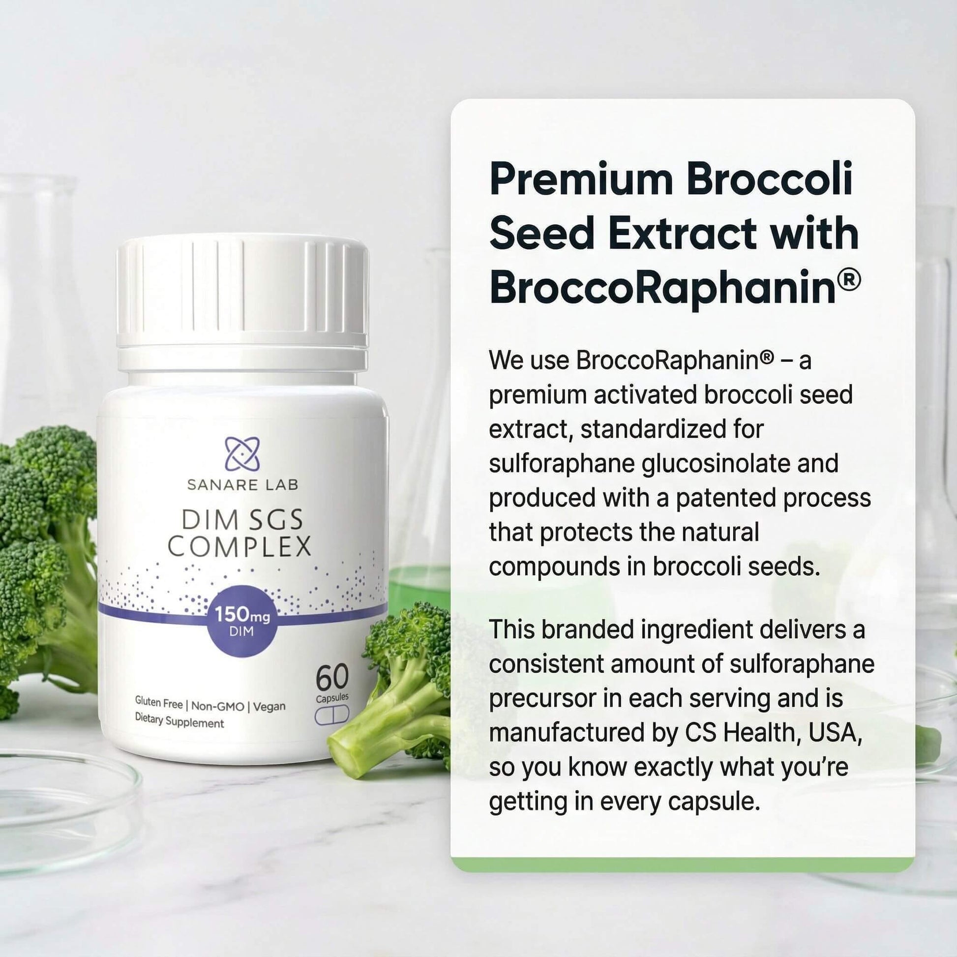 Supplement bottle labeled 'DIM SCS Complex' with text about broccoli seed extract on a white background.