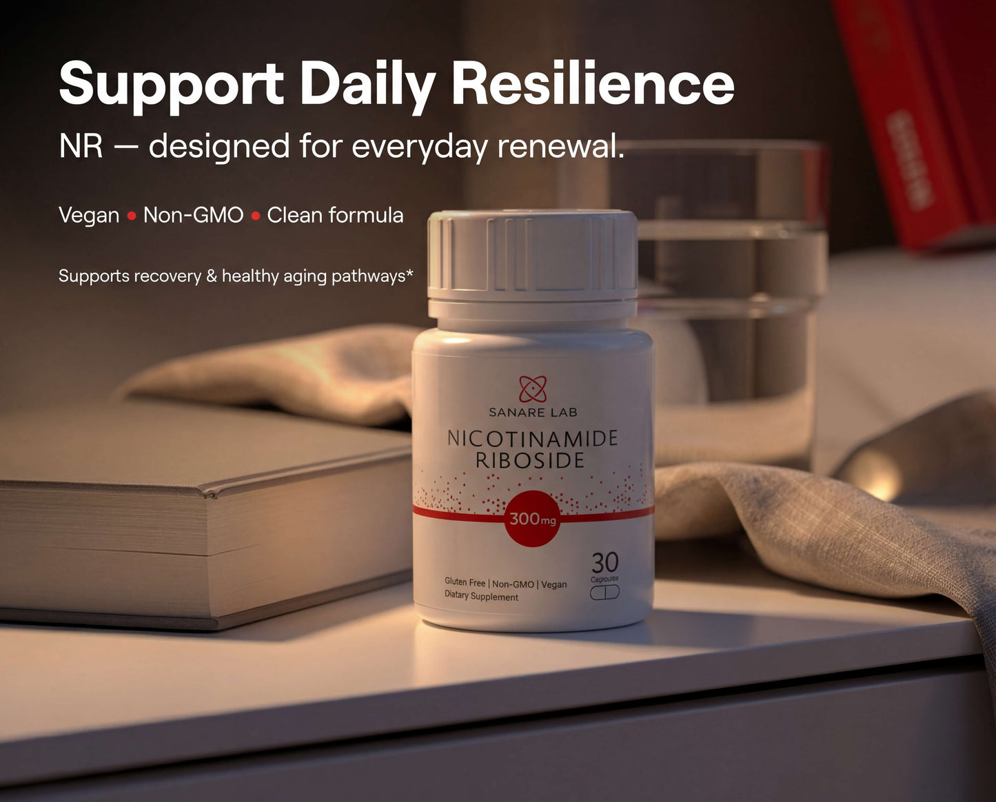 Supplement bottle labeled 'Nicotinamide Riboside' on a surface with books in the background.