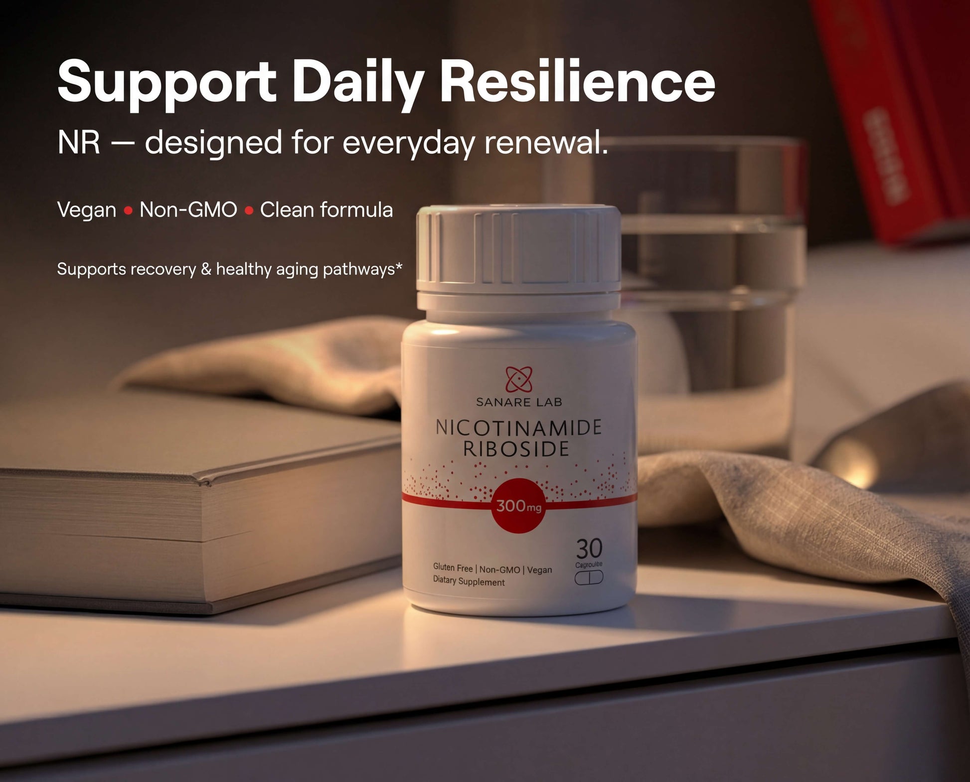 Supplement bottle labeled 'Nicotinamide Riboside' on a surface with books in the background.