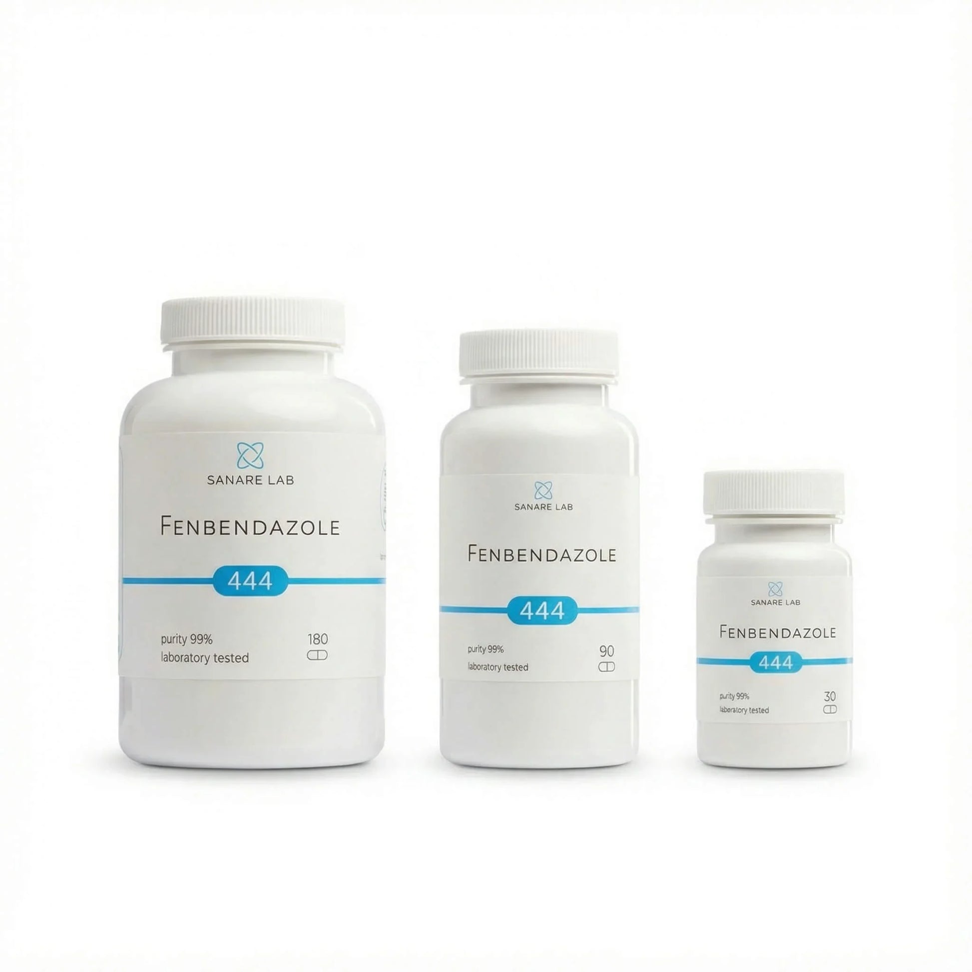 Three Fenbendazole 444 bottles by Sanare Lab on a white background
