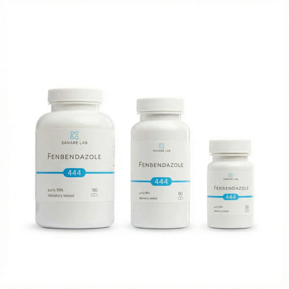 Three Fenbendazole 444 bottles by Sanare Lab on a white background
