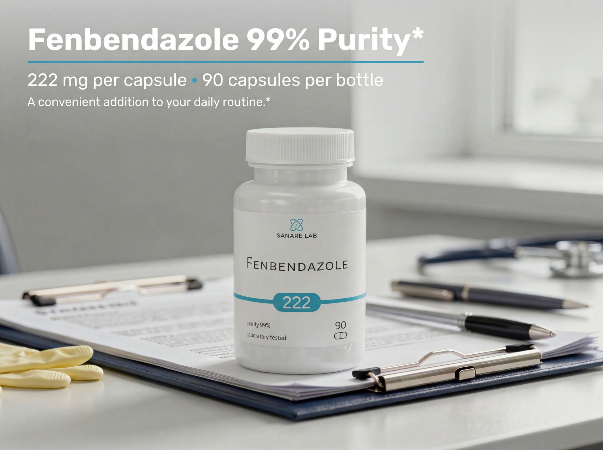 Bottle of Fenbendazole 99% Purity on a desk with medical supplies