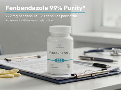 Bottle of Fenbendazole 99% Purity on a desk with medical supplies