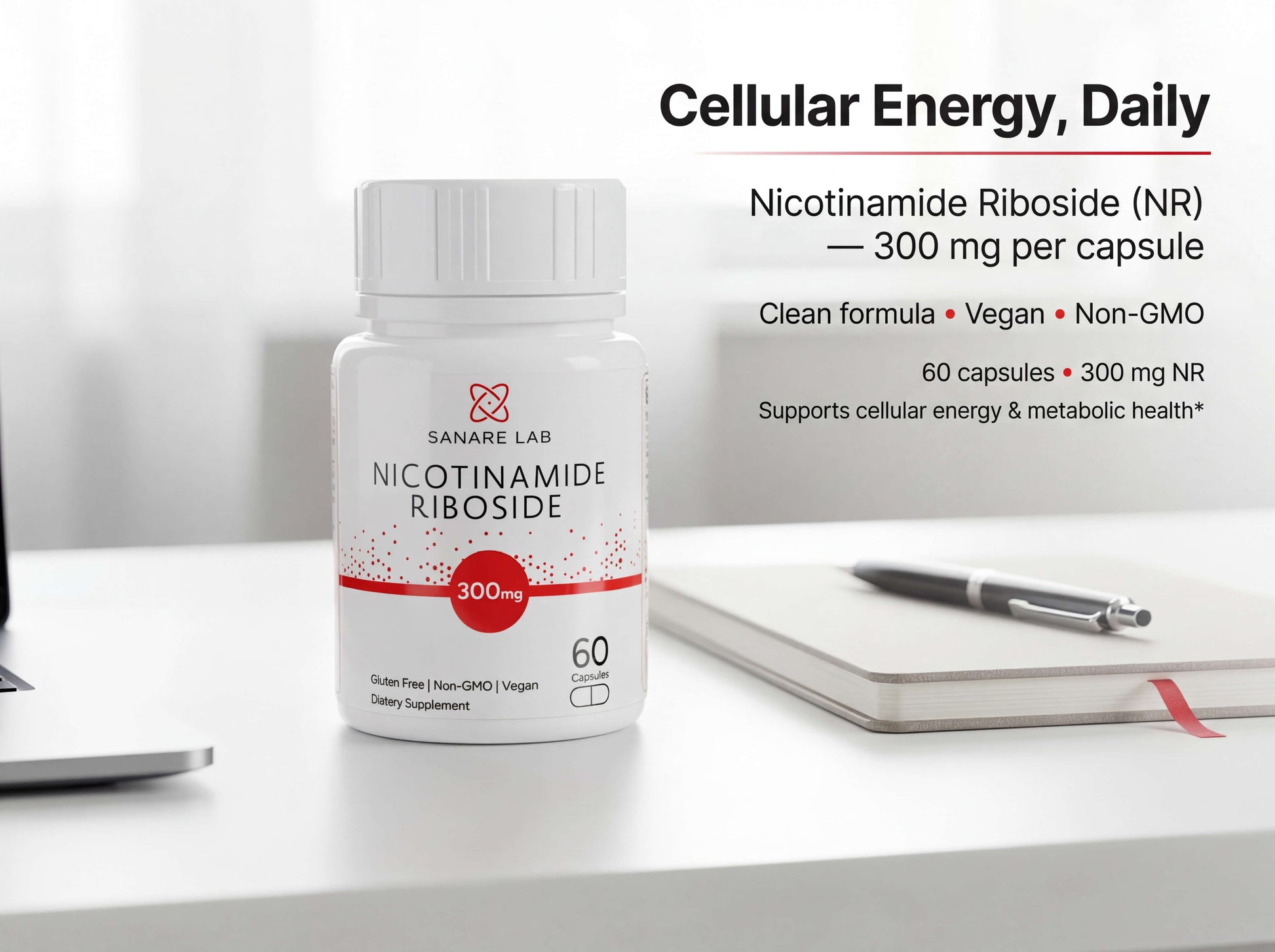 Nicotinamide Riboside supplement bottle on a desk with text about its benefits.