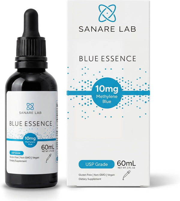 Blue Essence 10mg methylene blue liquid dietary supplement 60mL dropper bottle and box.
