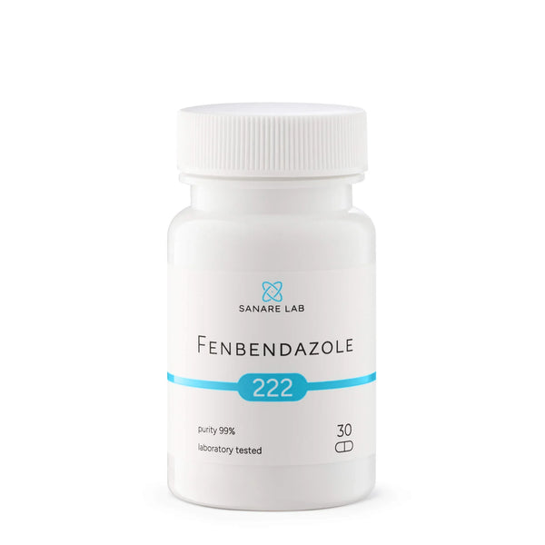 White bottle labeled Fenbendazole 222mg, 30 capsules, 99% purity, laboratory tested
