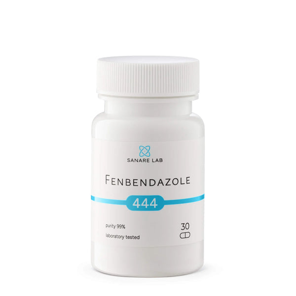 Fenbendazole 444mg capsules bottle, 30 count, 99% purity, lab-tested, white background