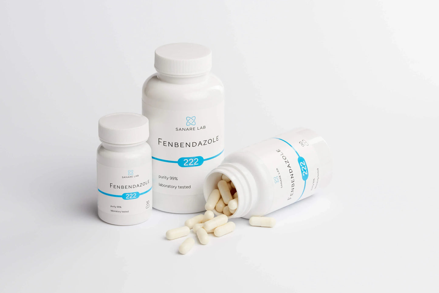 Fenbendazole bottles with pills on a white background