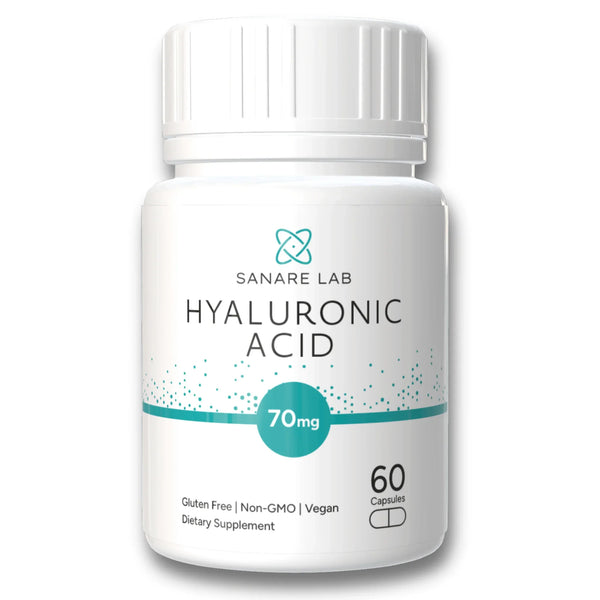 Hyaluronic acid 70mg dietary supplement capsules bottle, 60 count, gluten free, vegan