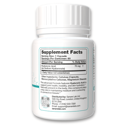 Hyaluronic Acid 70mg – 60 Vegan Capsules | Supports Joint Mobility, Skin Hydration & Tissue Cushioning | Non-GMO, Gluten-Free