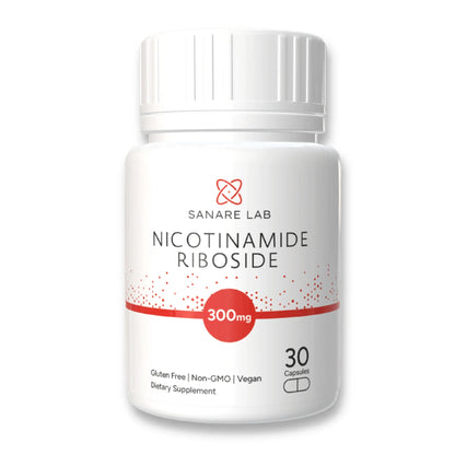 Supplement bottle labeled 'Nicotinamide Riboside' by Sanare Lab on a white background