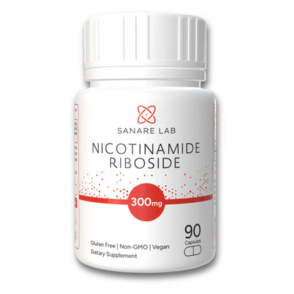 Supplement bottle labeled 'Nicotinamide Riboside' by Sanare Lab on a white background