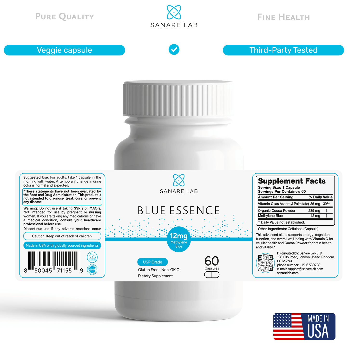 Blue Essence – Methylene Blue 12 mg | 60 Capsules | with Vitamin C + Organic Cocoa Powder