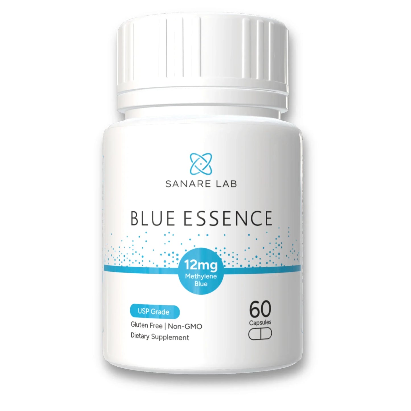 Supplement bottle labeled 'Blue Essence' by Sanare Lab on a white background