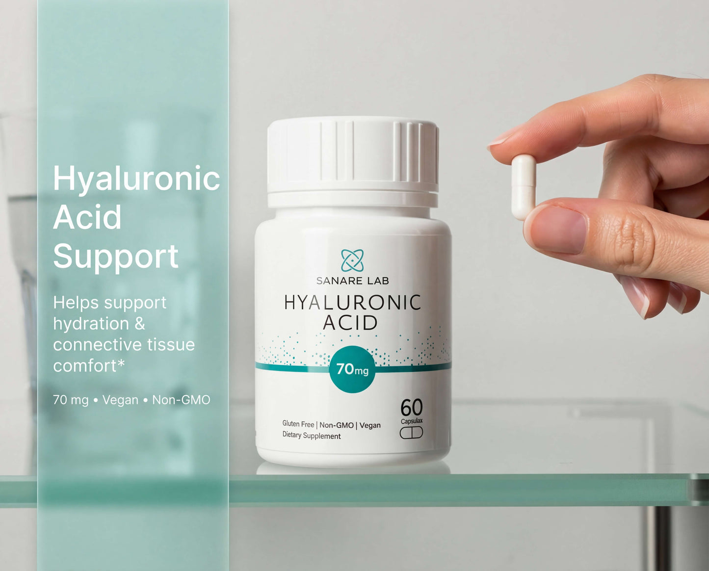 Hyaluronic Acid 70mg – 60 Vegan Capsules | Supports Joint Mobility, Skin Hydration & Tissue Cushioning | Non-GMO, Gluten-Free