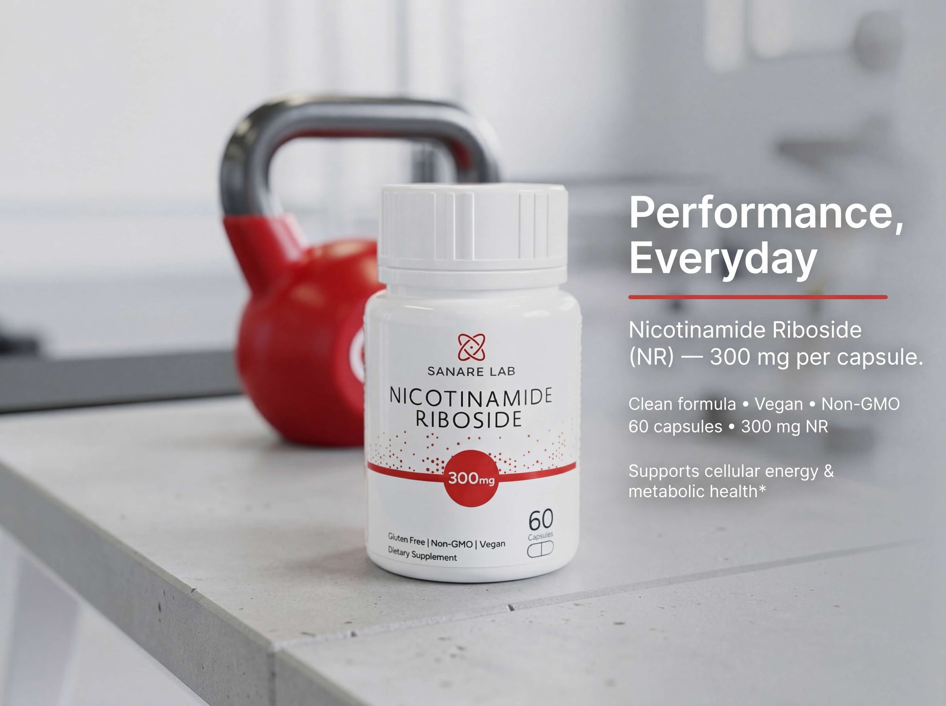 Supplement bottle labeled 'Nicolamin Riboside' on a kitchen counter with a kettlebell in the background.
