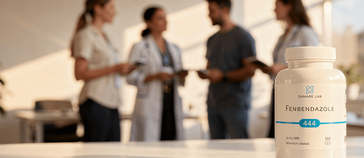 Fenbendazole 444 pill bottle with people in a blurred office setting